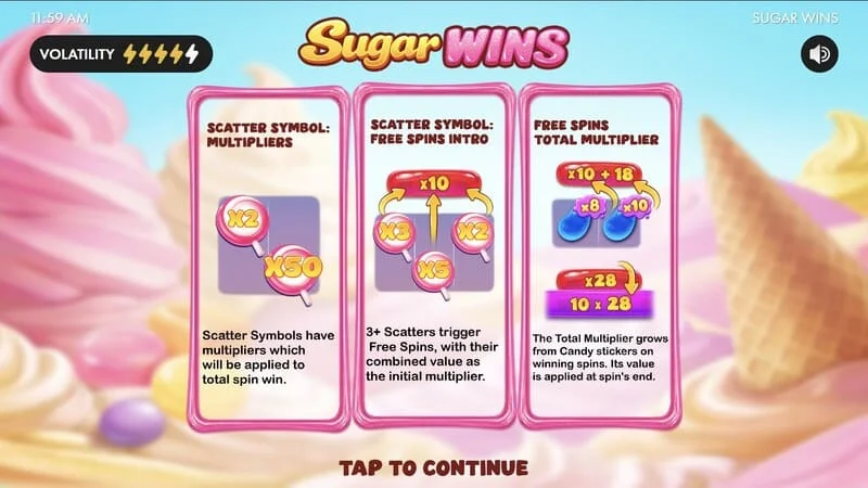Sugar Wins - главно мени на слотот